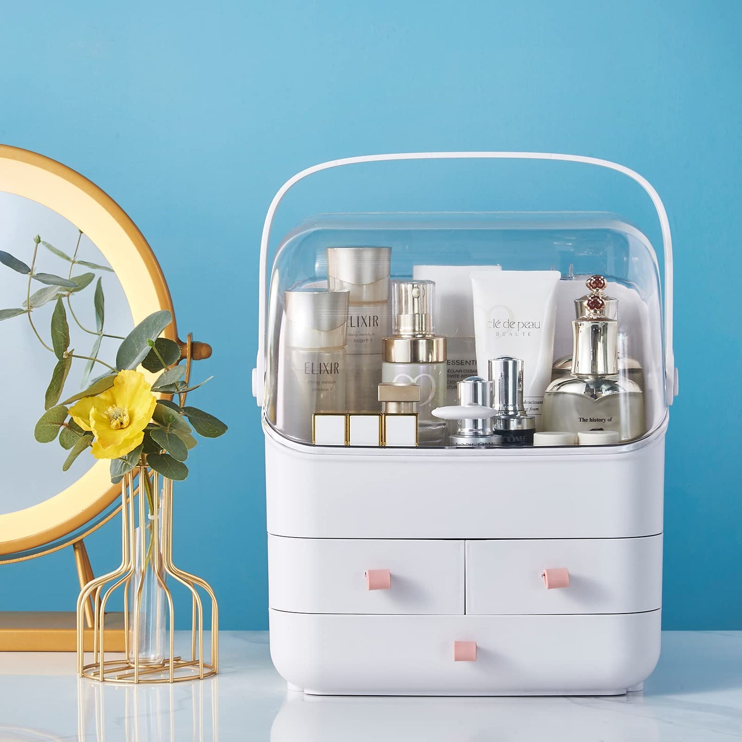 Large Makeup Organizer w Drawers Beauty Organizer Makeup Box Holder Vanity Organization Desk Countertop MakeUp Organizers Bathroom Counter Organizer Skincare Cosmetic Case Stand Dustproof Lid Gift