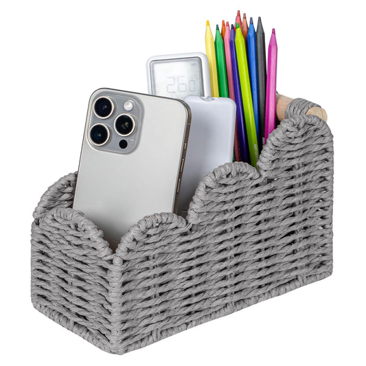 CubesLand Bedside Table Desk Organizer Caddy, Remote Pen&Pencil Holder Cup, Makeup Brush Holder w/Scalloped Perfect for Home, Office Desk, Living Room Table Decor, 3 Slots Grey