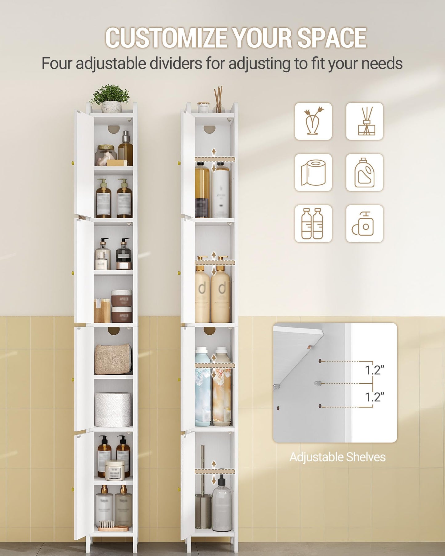 Hzuaneri 70.9" H Bathroom Storage Cabinet, Tall Corner Cabinet with 4 Doors and Adjustable Shelf, Slim Freestanding Floor Cabinet with Arched Door for Small Spaces, 7.9" D x 7.9" W x 70.9" H White