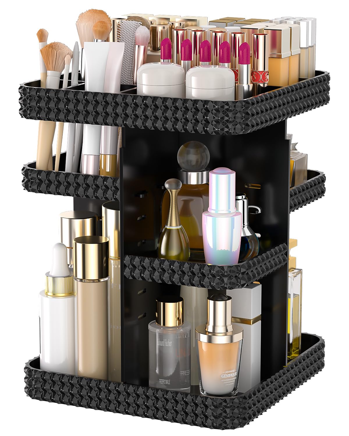 HEMTROY Rotating Makeup Organizer with Makeup Brush Holder,Large Capacity Perfume Organizer for Vanity Countertop,Acrylic Skincare Organizers Spinning Holder Storage Rack (Black)