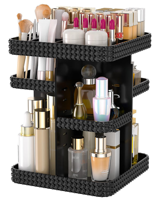 HEMTROY Rotating Makeup Organizer with Makeup Brush Holder,Large Capacity Perfume Organizer for Vanity Countertop,Acrylic Skincare Organizers Spinning Holder Storage Rack (Black)