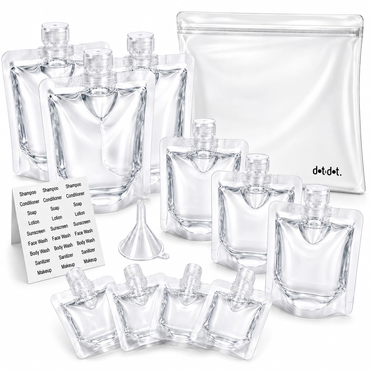 Travel Pouches for Toiletries, 13 Pack TSA Approved Refillable Travel Liquid Pouches, Flat Travel Bottles for Toiletries, Reusable 3oz Portable Containers with Funnel, Labels & Clear Carry On Bag