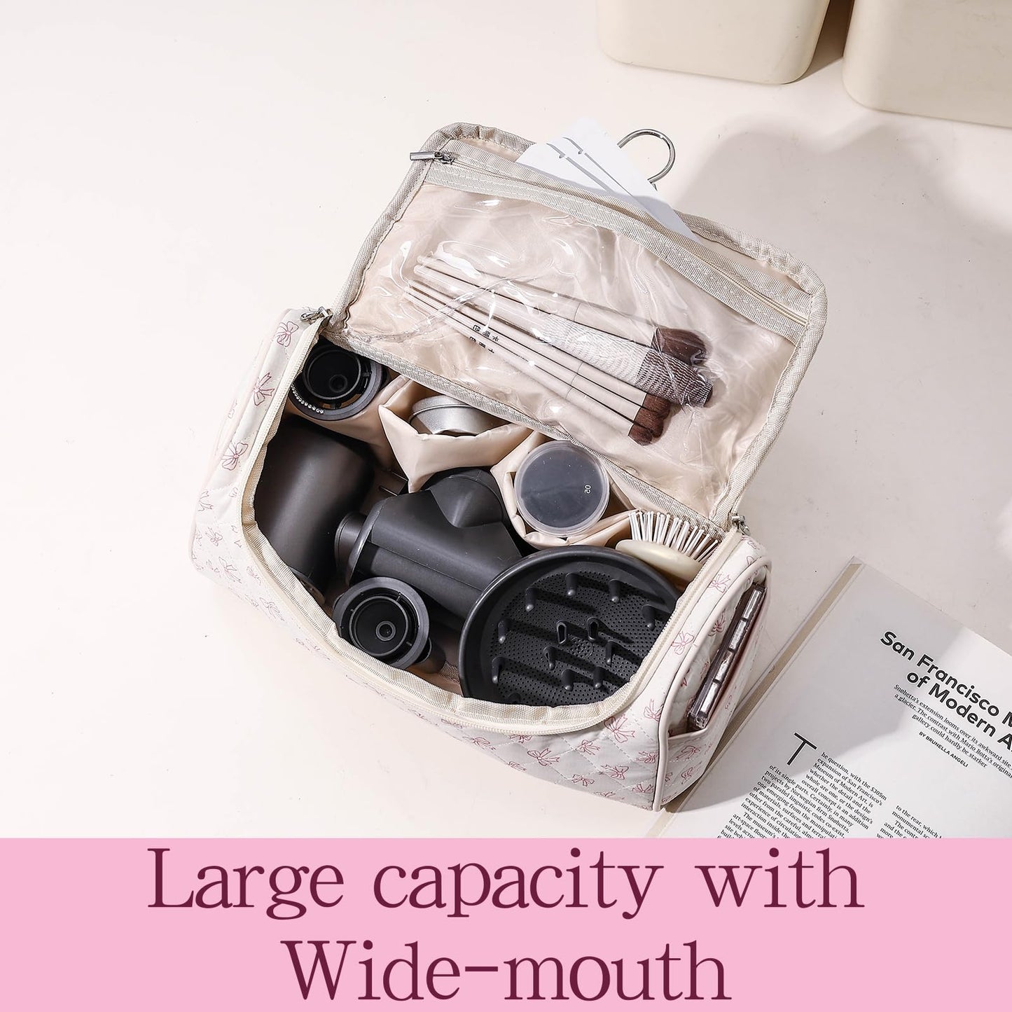 AMZMA Quilted Hair Tool Bag for Travel Storage, Large Organizer Case for Hair Dryer with Hanging Hook & Handle,Organizer with 4 Thickened Compartments, Lightweight