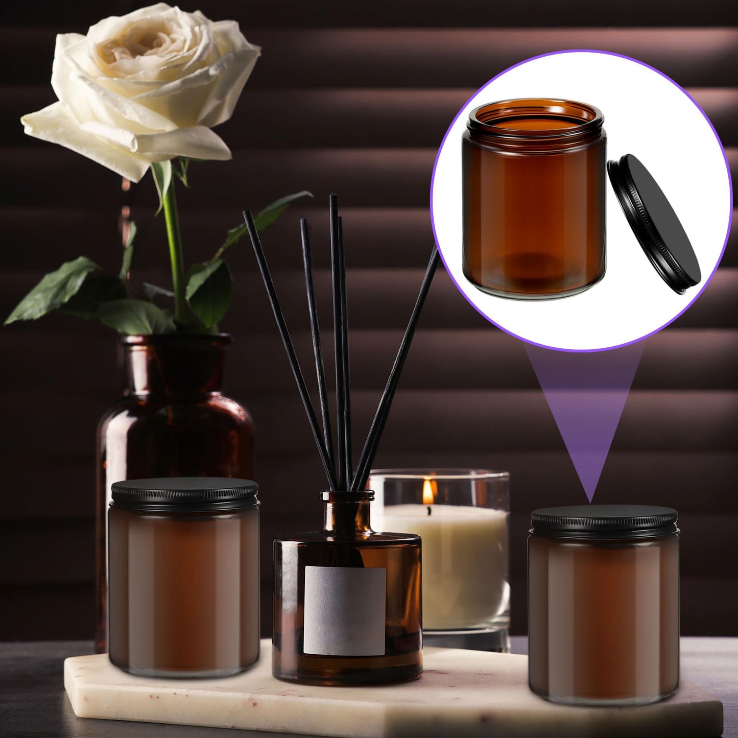 Lallisa 72 Pcs 8 oz Cobalt Glass Jars with Black Metal Lids Round Small Cosmetic Jars Round Glass Containers for Apothecary Body Butter Herbs Spice and Food Storage (Amber)