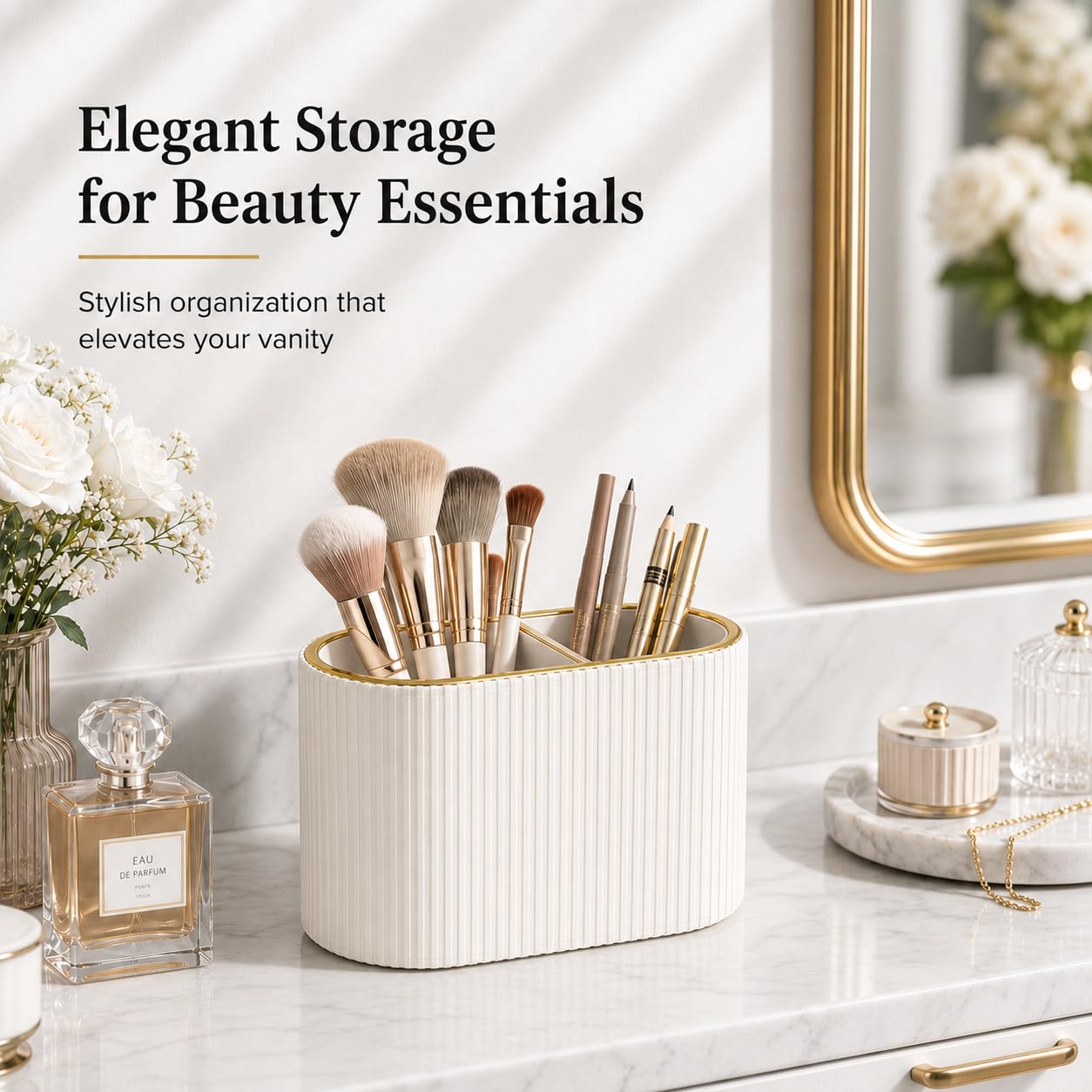 GORESE Makeup Brush Holder Organizer with 2 Slots, PU Leather Small Make Up Organizer for Vanity Bathroom Countertop, Gift for Women(Ivory White)