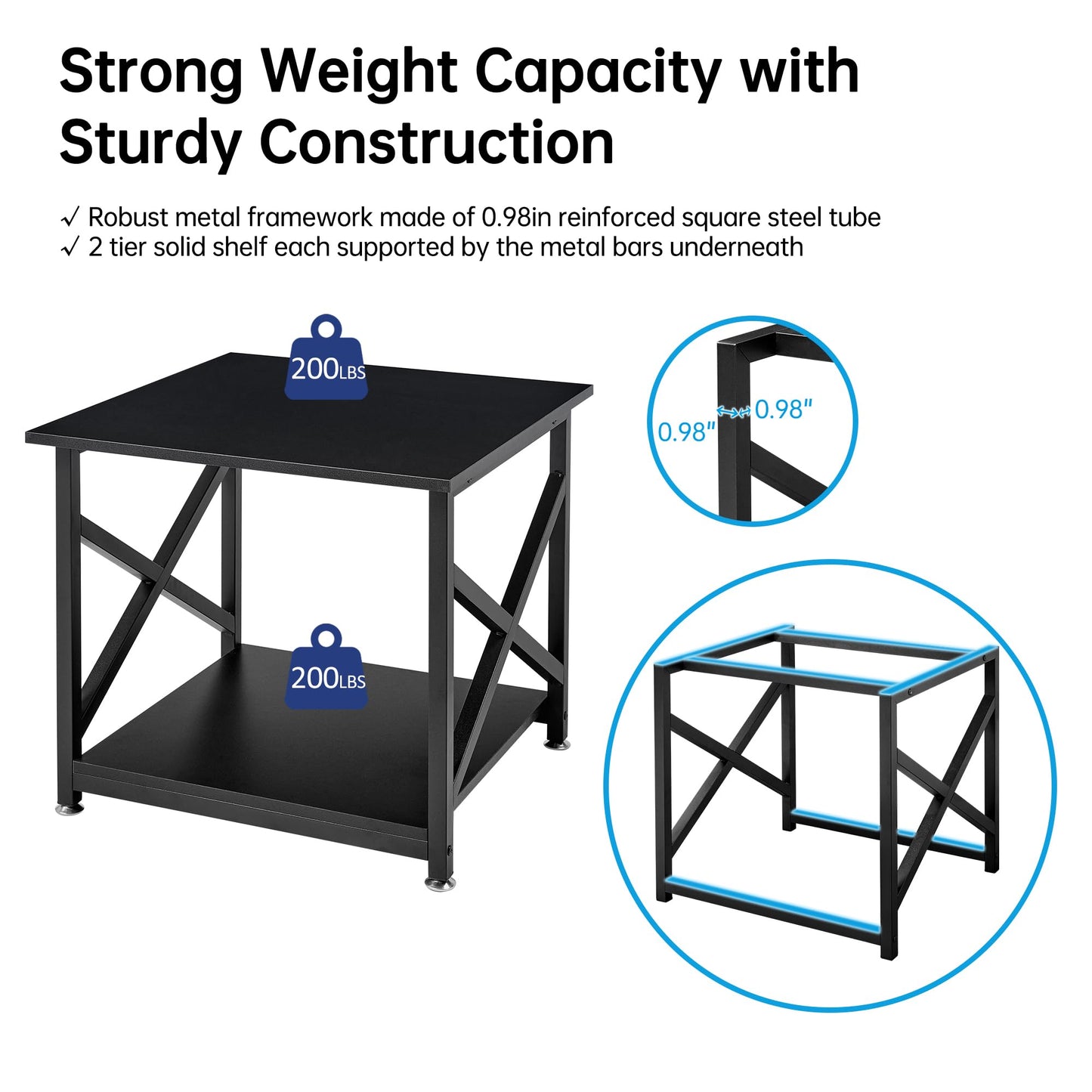Fannova 2 Tier Large Printer Stand, 23.6 x 23.6 x 22.6 Inches Square Printer Table with Storage Shelf, Rolling Printer Cart with Industrial Wheels for Home Office, Mini Fridge Stand Table - Black