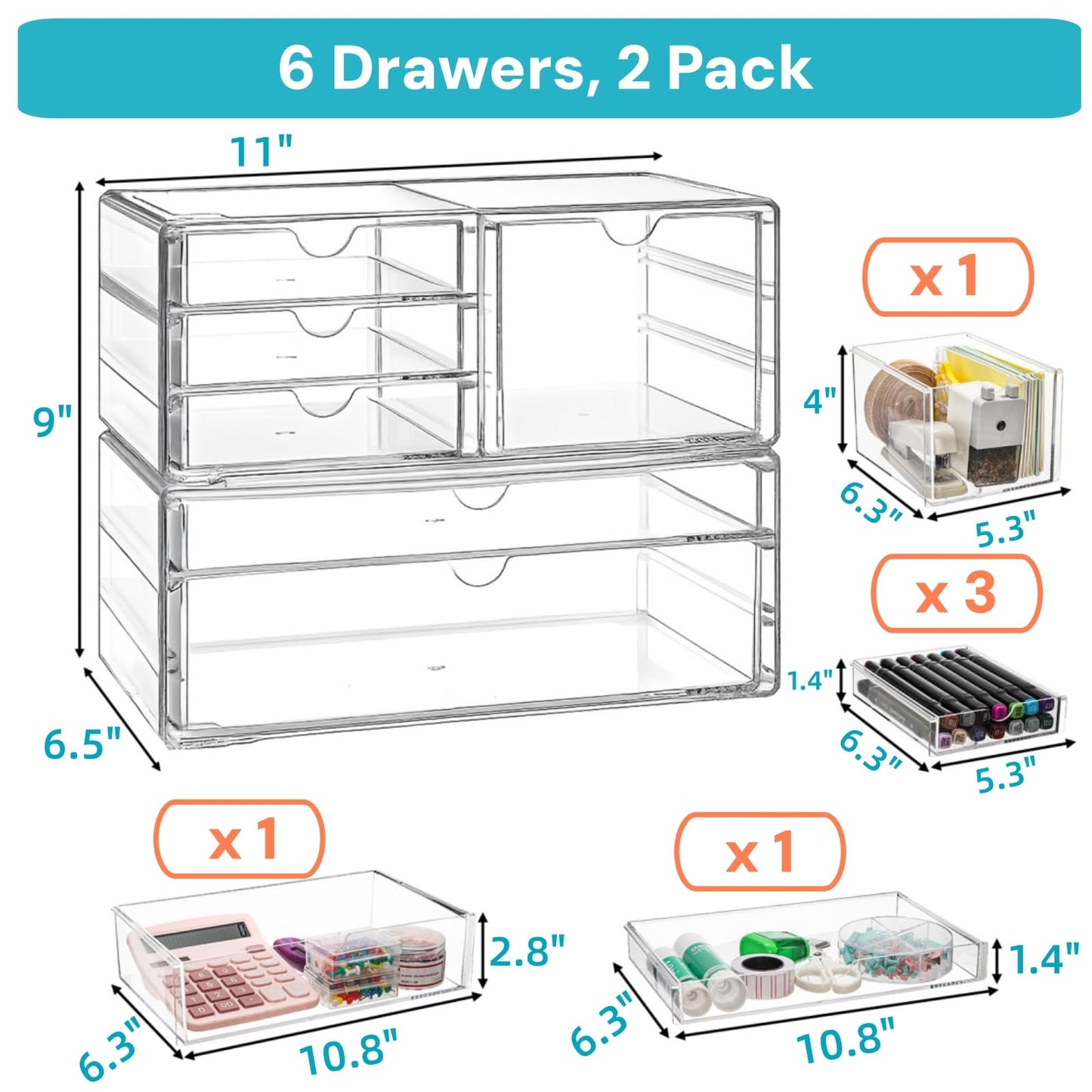 Jowgut Acrylic Makeup Organizer with 6 Drawers, 11" Stackable Office Desk Organizer Accessories, Clear Bathroom Storage Drawers for Makeup Palettes, Cosmetics, Vanity, Art Craft Supplies