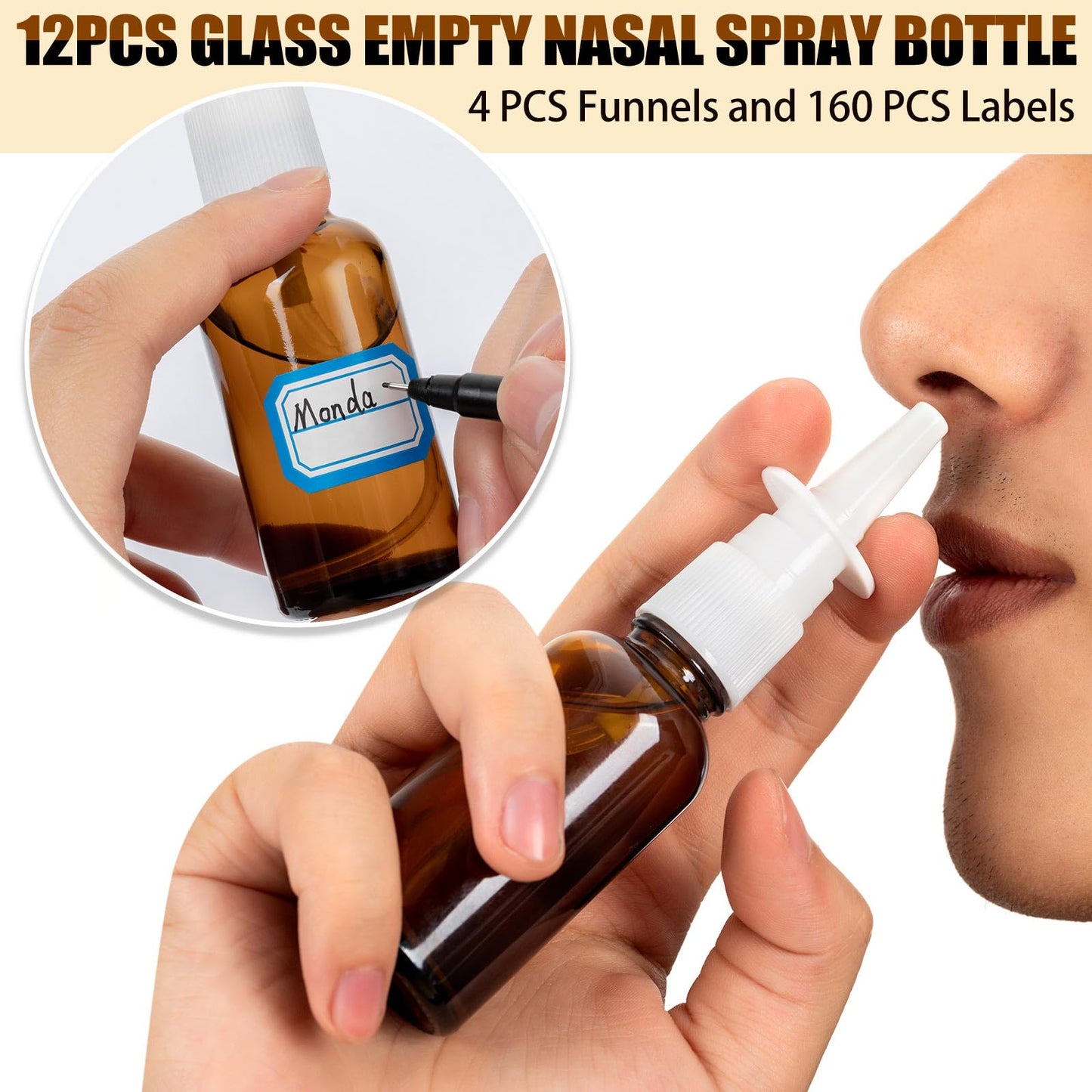 ZHWKMYP 20 Pcs Nasal Spray Bottle, 30ML/1oz 12 Pcs Empty Refillable Fine Mist Glass Nasal Spray Bottle with 4 Funnels and 4 Labels…