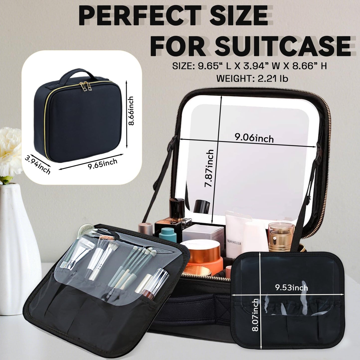 MELSYLODY Makeup Bag with LED Mirror, Three-level Adjustable Brightness, Travel Makeup Case with Removable Lighted Mirror, Adjustable Dividers and Brush Storage Board