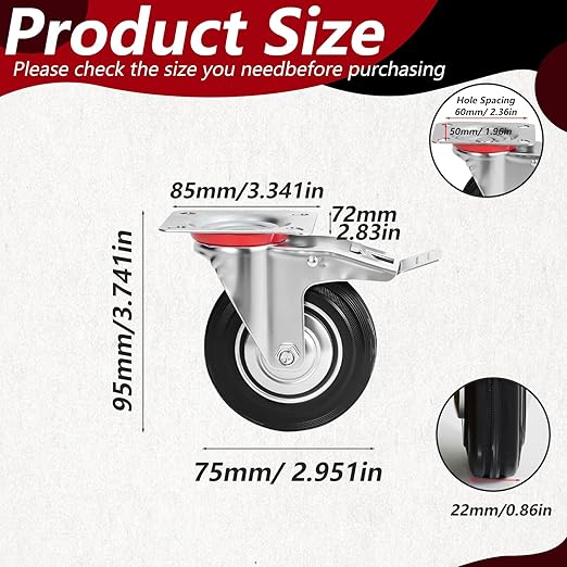 3 Inch Caster Wheels Set of 4, Heavy Duty Casters with Brake, Rubber Locking Casters for Cart, Workbench,Black (3" 4Pack with Brake, 4)