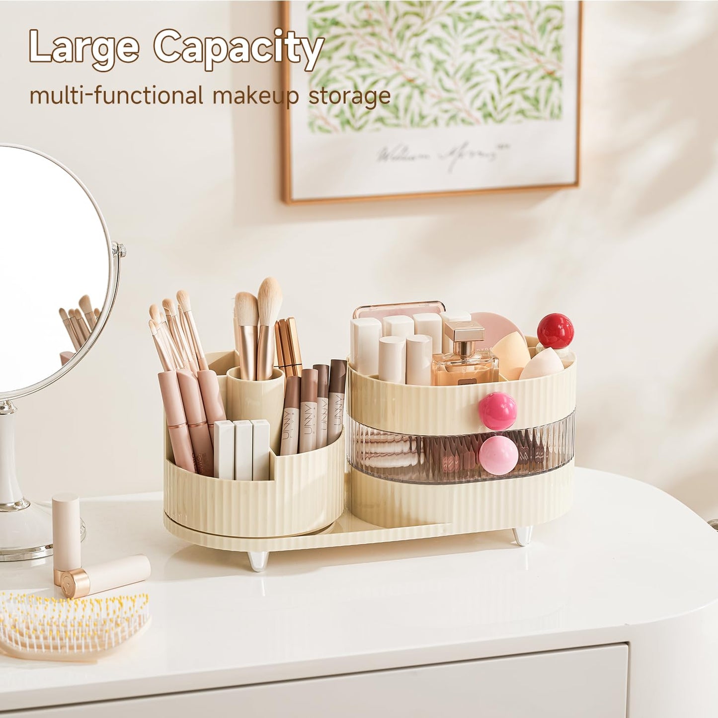 UFORU Makeup Organizer Countertop for Vanity with 360° Rotating Brush Holder, 3 Layer Cosmetic and Jewelry Storage, Makeup Display Case for Skincare&Perfume (Cream White)