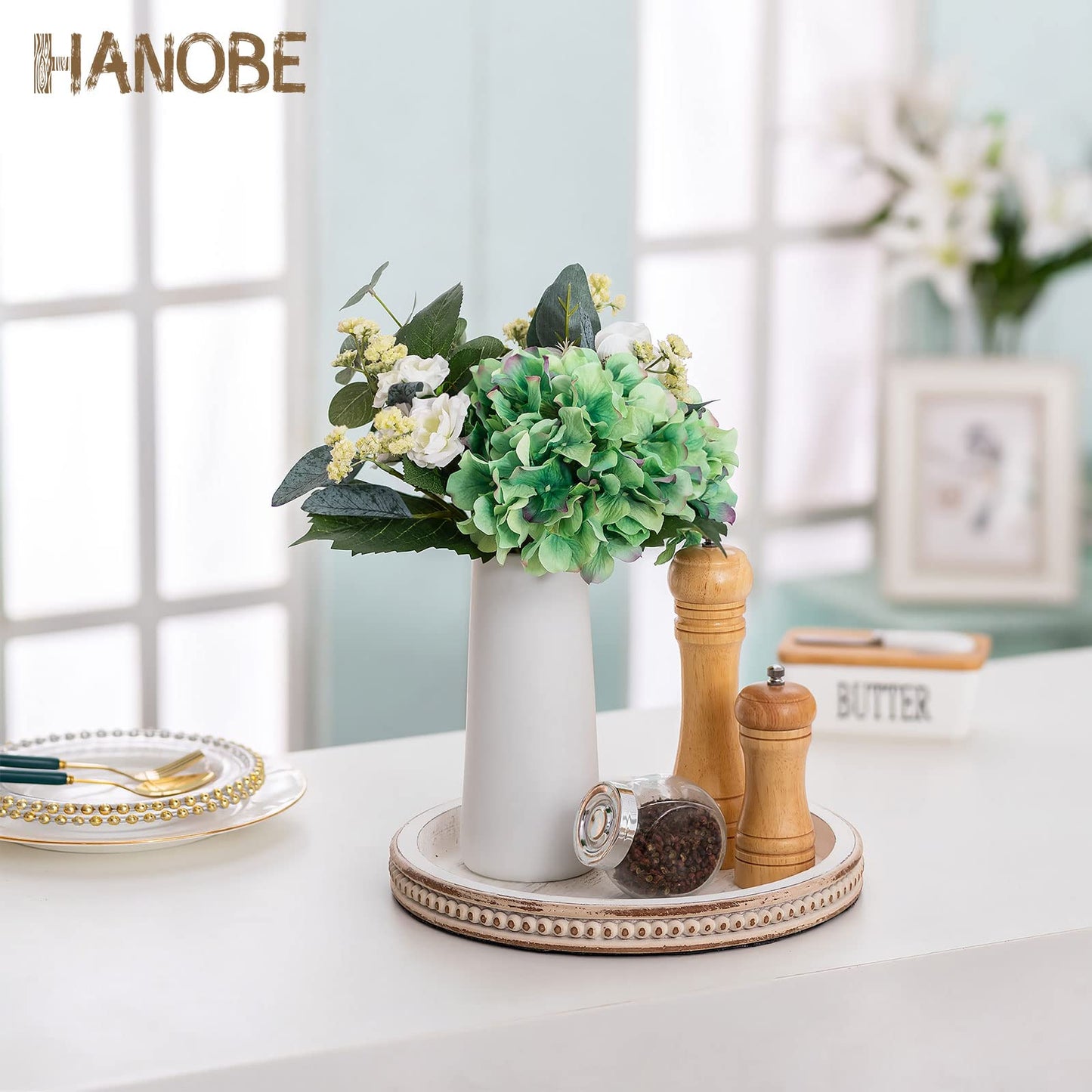 Hanobe Decorative Tray for Coffee Table: 10.5-Inch Round Whitewashed Wood Tray for Rustic Farmhouse Living Room Kitchen Island Entryway Home Decor