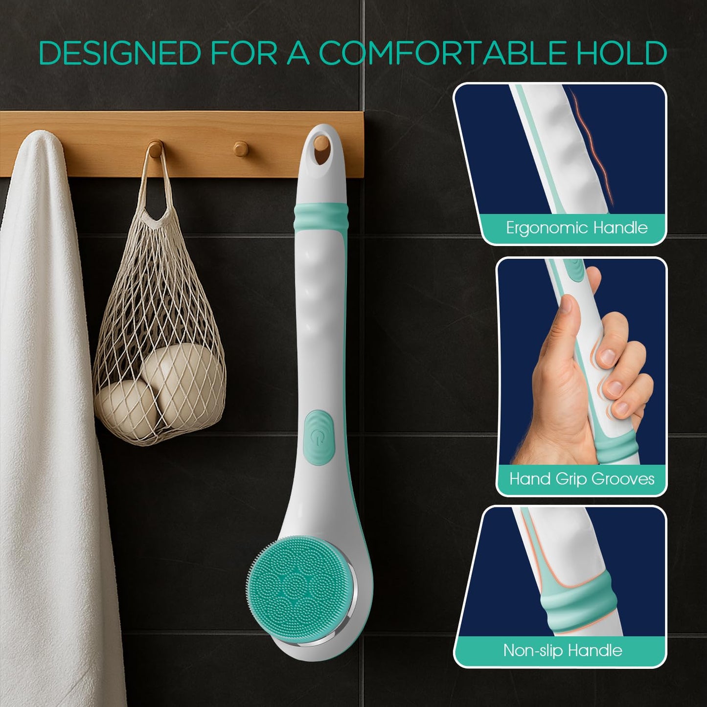 VOYOR Electric Silicone Body Scrubber, Back Scrubber for Shower, Waterproof Long Handle Body Brush, Rechargeable Power Bath Brush for Cleansing, Exfoliating, Massaging Skin BC100 (Blue)