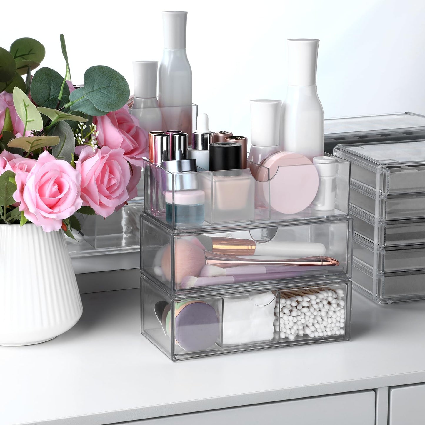 Josojoou 3-Tier Clear Stackable Makeup Organizer with Removable Dividers,Acrylic Medicine Cabinet Organizer and Storage for Bathroom Mirror Cabinets, Vanity, Closet, Countertop with Drawer
