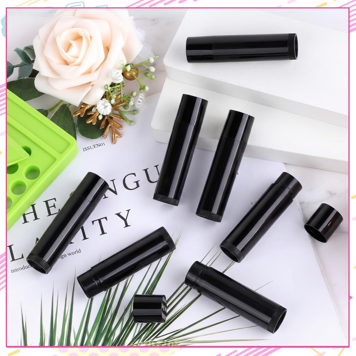 Singhoow 100 Pcs Lip Balm Tubes with 2 Filling Tray and 2 Spatula, 5 g Twist-up Lip Balm Containers with Caps for DIY Homemade Lipsticks, Solid Perfume, Gifts, Bpa Free & Leak Free (Black)