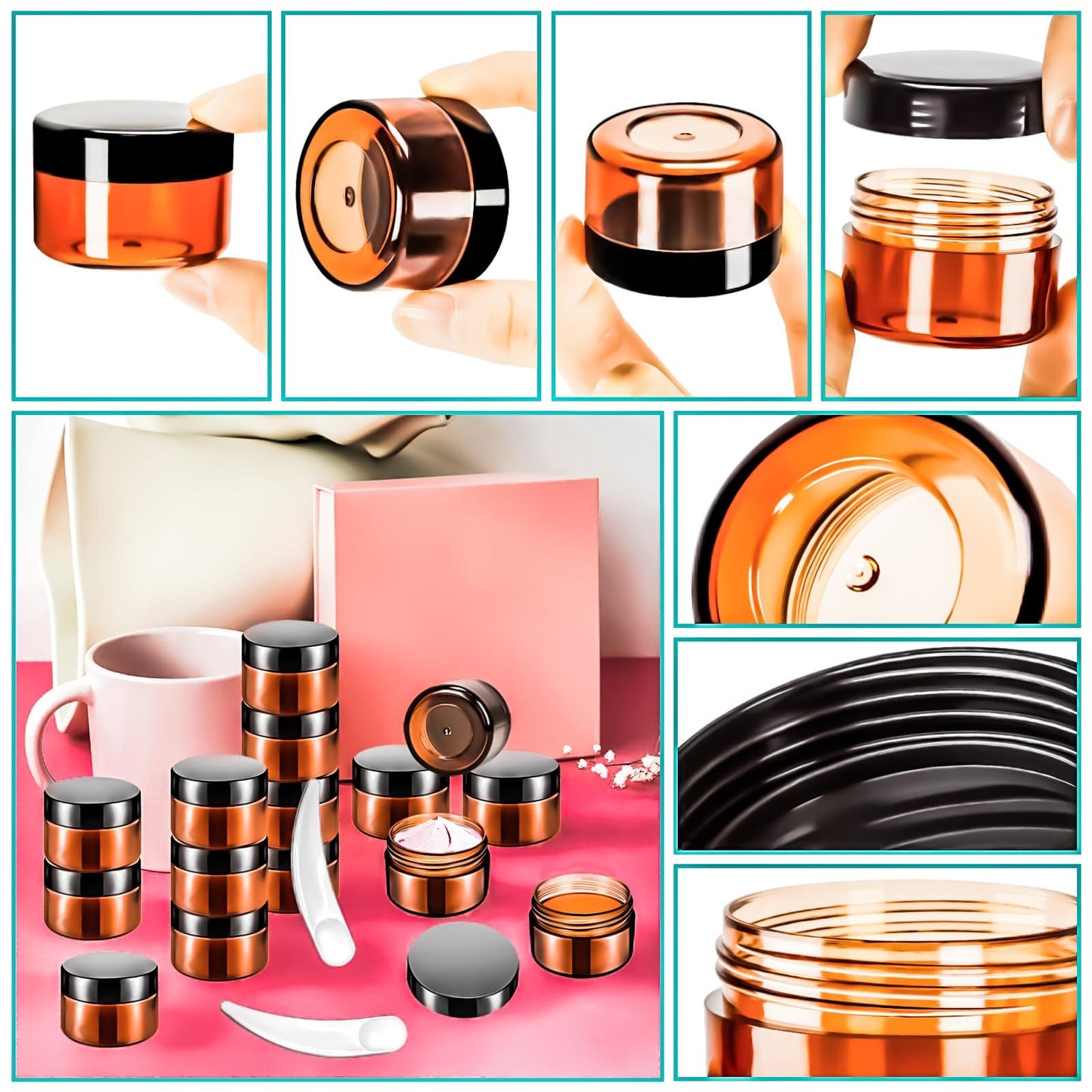 MotBach 40 PCS 15g Amber Plastic Containers with Black Lids, Small Makeup Containers, 0.5oz Round Travel Cosmetic Jars with Spatulas for Liquid, Powder, Cream, Lotion