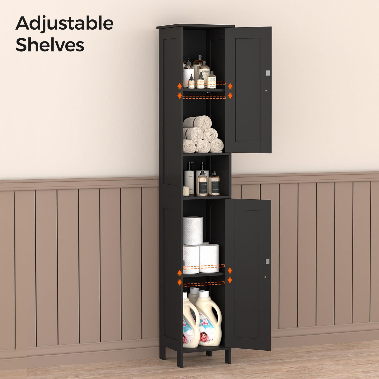 Homleke Tall Bathroom Storage Cabinet with 2 Doors, 67"H Narrow Storage Cabinet with Adjustable Shelves& Anti-Tip Design, Reversible Door Installation, Easy Assembly, 11.8 x 11.8 x 66.9 Inches, Black