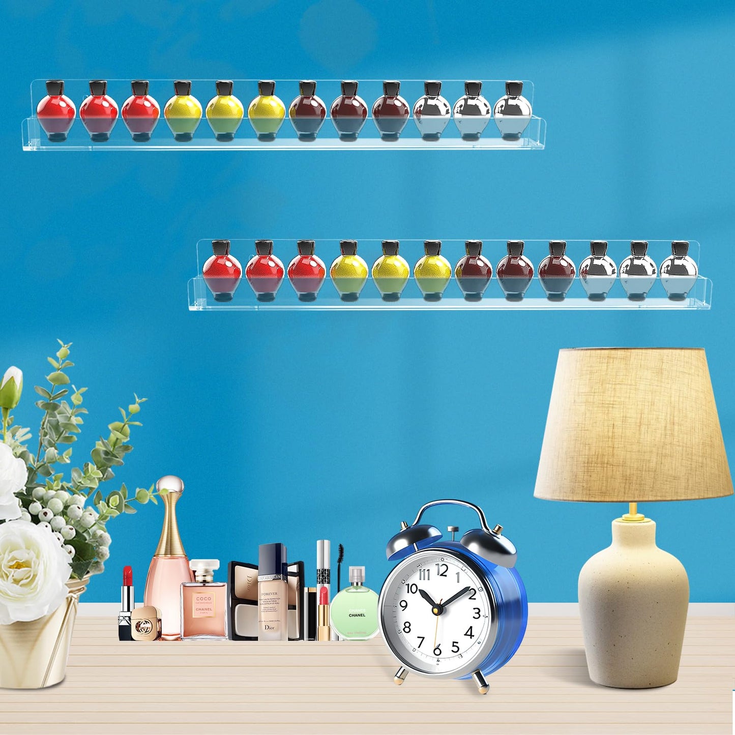 SOVQUEST Nail Polish Shelf Wall 15 Inch Acrylic Clear Rack Sunglass Organizer Multi-Purpose Floating Shelves for Beauty Salons Retailer Dressing Room (9 PCs)