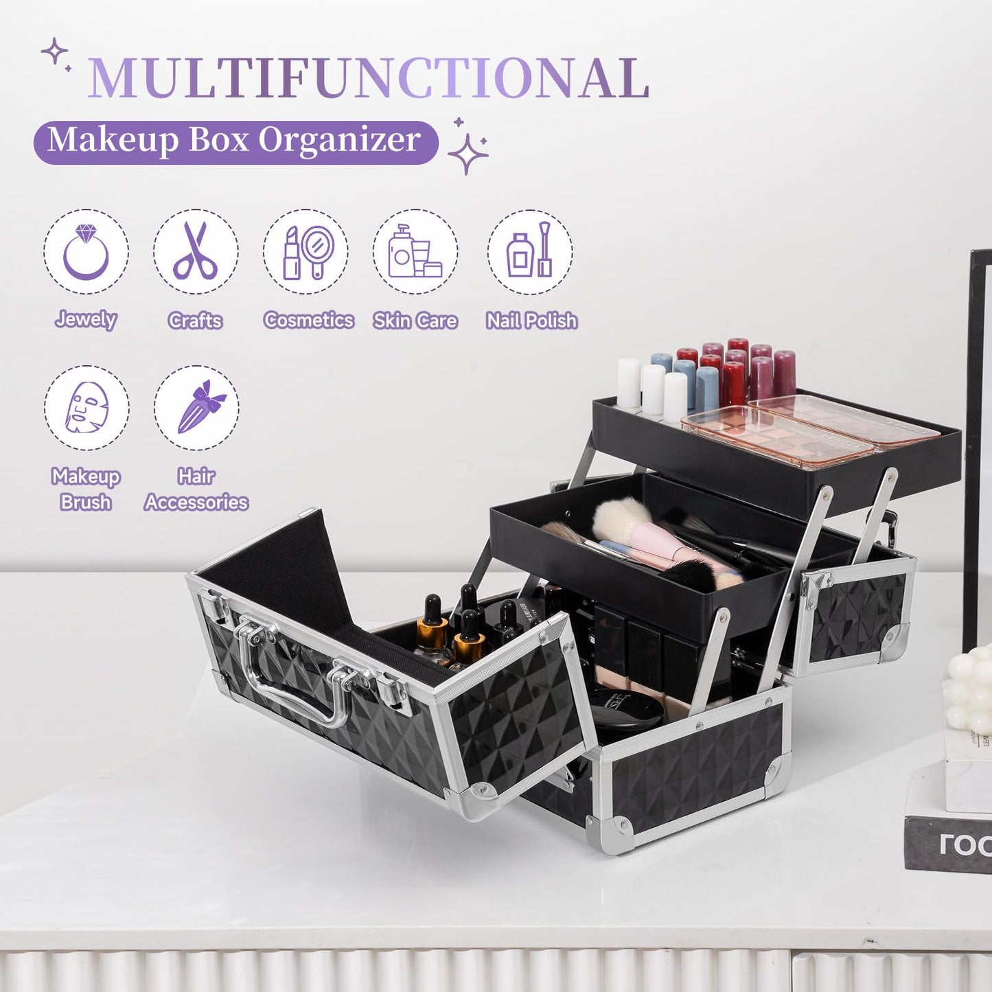 Leeora&Leekoo Makeup Train Case Cosmetic Box Portable Makeup Case Organizer 2 Trays Makeup Storage for Cosmetologist Aesthetic Supplies Nail Tech Traveling Makeup Box (Watercube)