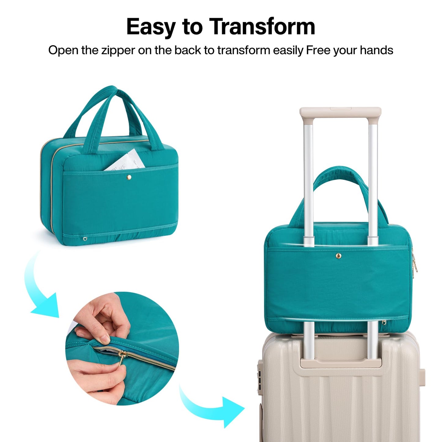 Hanke Hanging Travel Toiletry Bag for Women with Jewelry Organizer Compartment, Travel Essentials Toiletries and Makeup Bag, Water-Resistant & Stain-Resistant with Trolley Strap (Turquoise Green)