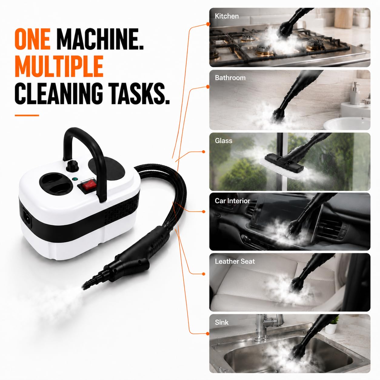 VERIBURRASCAN Pressurized Handheld Steam Cleaner, 221°F High-Temp Steamer for Deep Cleaning, Chemical-Free for Pets & Kids, 10-Piece Accessory Kit for Car, Couch, Grout, Tile & Floor