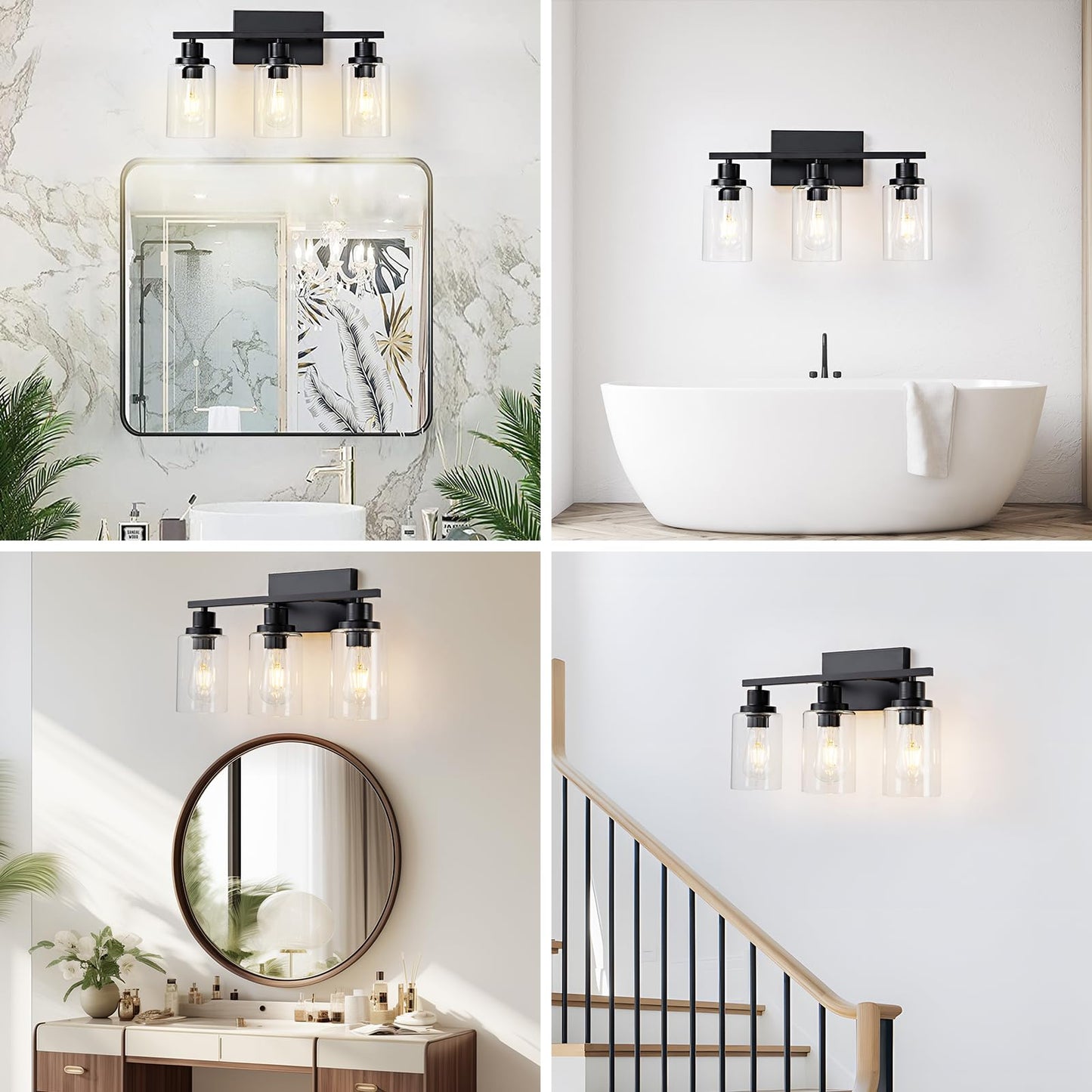 HCCZ 3 Light Bathroom Light Fixtures Black Vanity Light Over Mirror Modern Farmhouse Wall Lighting Sconces Rustic Industrial Wall Lamp for Bathroom, Bedroom, Living Room E26 Socket with Glass Shade