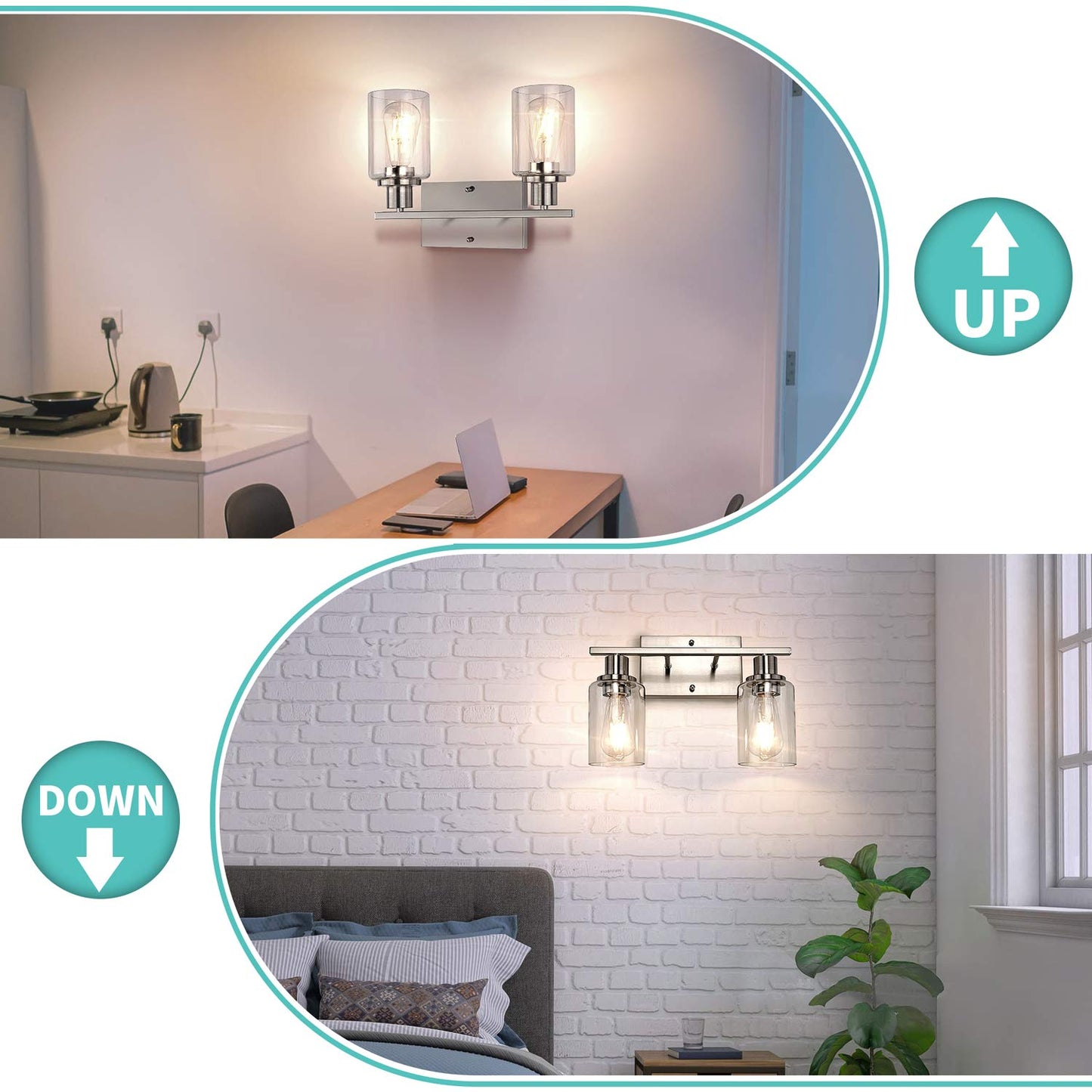 ShineTech 2-Light Bathroom Vanity Light Fixture, Brushed Nickel Bathroom Light Fixtures Over Mirror, Modern Wall Mounted Bathroom Lighting with Clear Glass Shade for Bathroom, Bedroom, Hallway