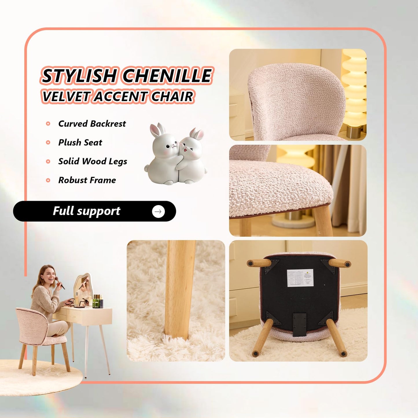 VINGLI Chenille Curved-Back Armless No Wheels Vanity Chair for Girls, Cute & Furry Upholstered Desk Chair with Solid Wood Legs for Study/Makeup/Bedroom/Dressing, Fluffy Makeup Chair for Teens, Pink