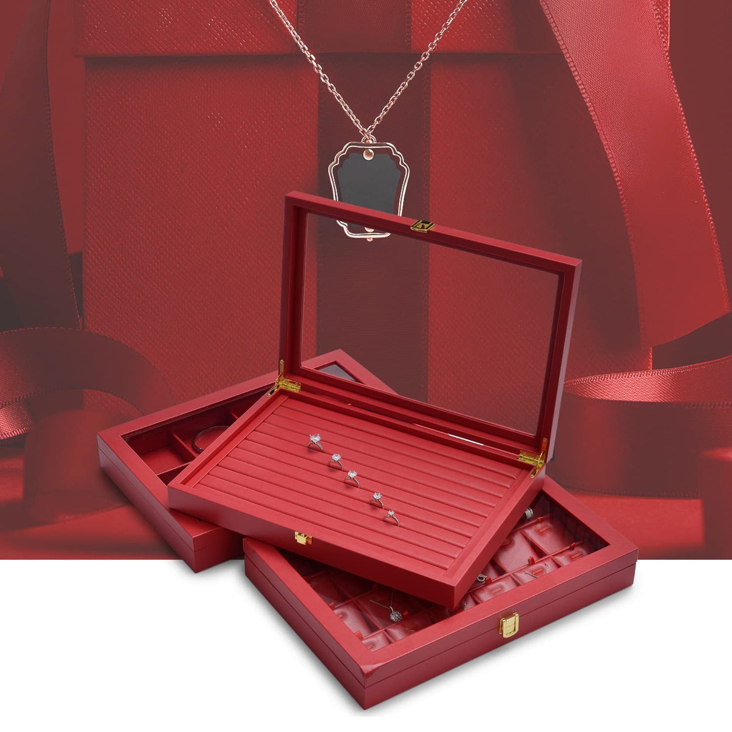 Oirlv Luxury Leather Rings Earrings Organizer Tray with Clear Lid Jewelry Display Box with Acrylic Lid Stackable Jewelry Box Drawer Inserts