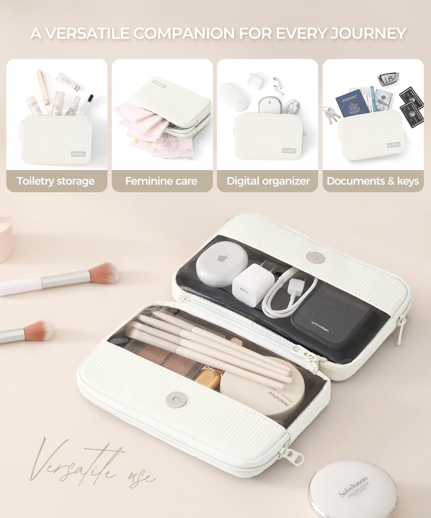 EPEDAL24 Preppy Makeup Bag, Rectangle Double Detachable Cosmetic Organizer, Clear Side Panel Portable Travel Pouches for In-Flight Essentials, Beauty & Tech Accessories, Gift for Women