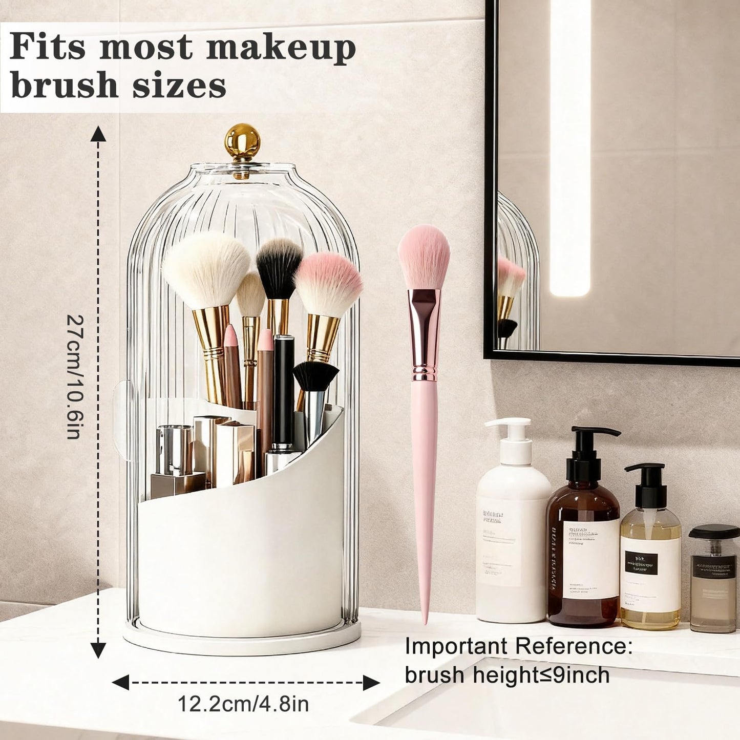 LAKSMI Makeup Brush Holder with Lid, Dustproof 3-Compartment Cosmetic Organizer, Large Capacity Vanity Storage for Brushes, Eyebrow Pencils, Toothbrushes, Dorm & Bathroom Essentials (White)