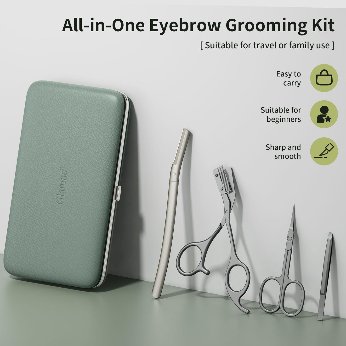 Glamne Eyebrow Trimmer Kit Scissors Tweezers Razor Facial Shaver Grooming Set with Mirror Travel Cases