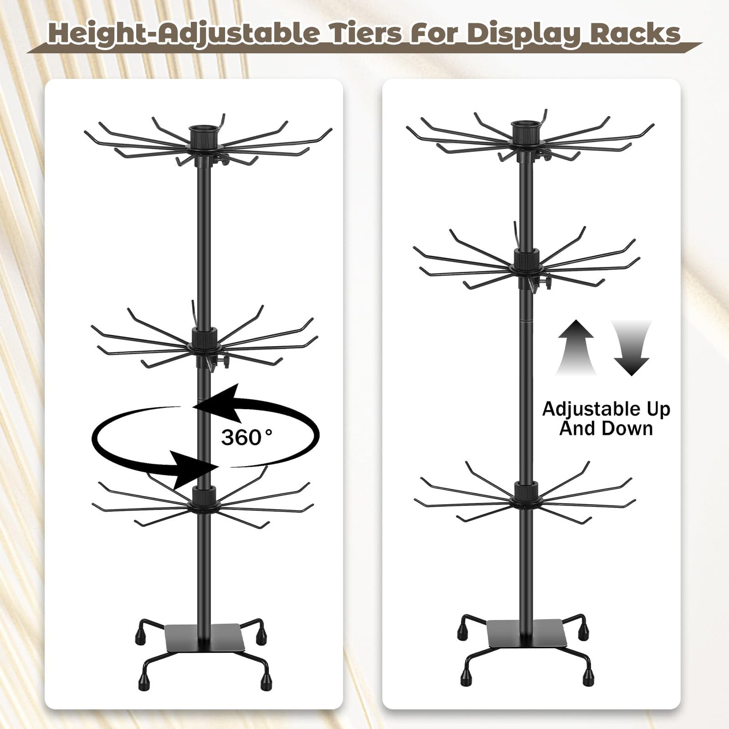 IMengjbang 2 Pack 3 Tiers Rotating Jewelry Display Stand with Hooks, Black Adjustable Height Metal Earrings Stand for Jewelry Necklace Earrings Keyring Socking Hats Keychain Display Stand