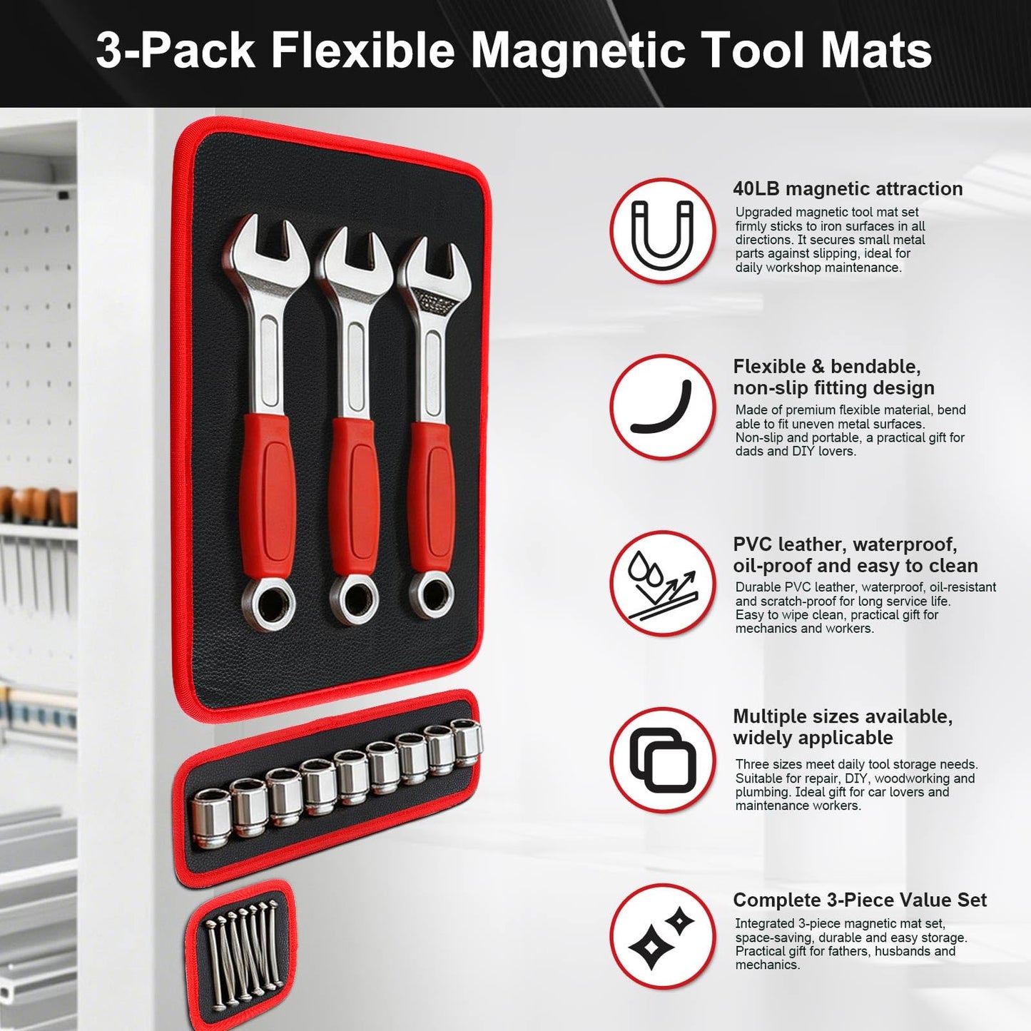 Magnetic Tool Mat Set for Mechanics, Flexible Heavy Duty Magnetic Parts Holder and Tool Organizer for Wrenches, Screws, Nuts, Bolts, Garage Toolbox Accessories, Mechanic Gifts for Men, 3-Piece Set