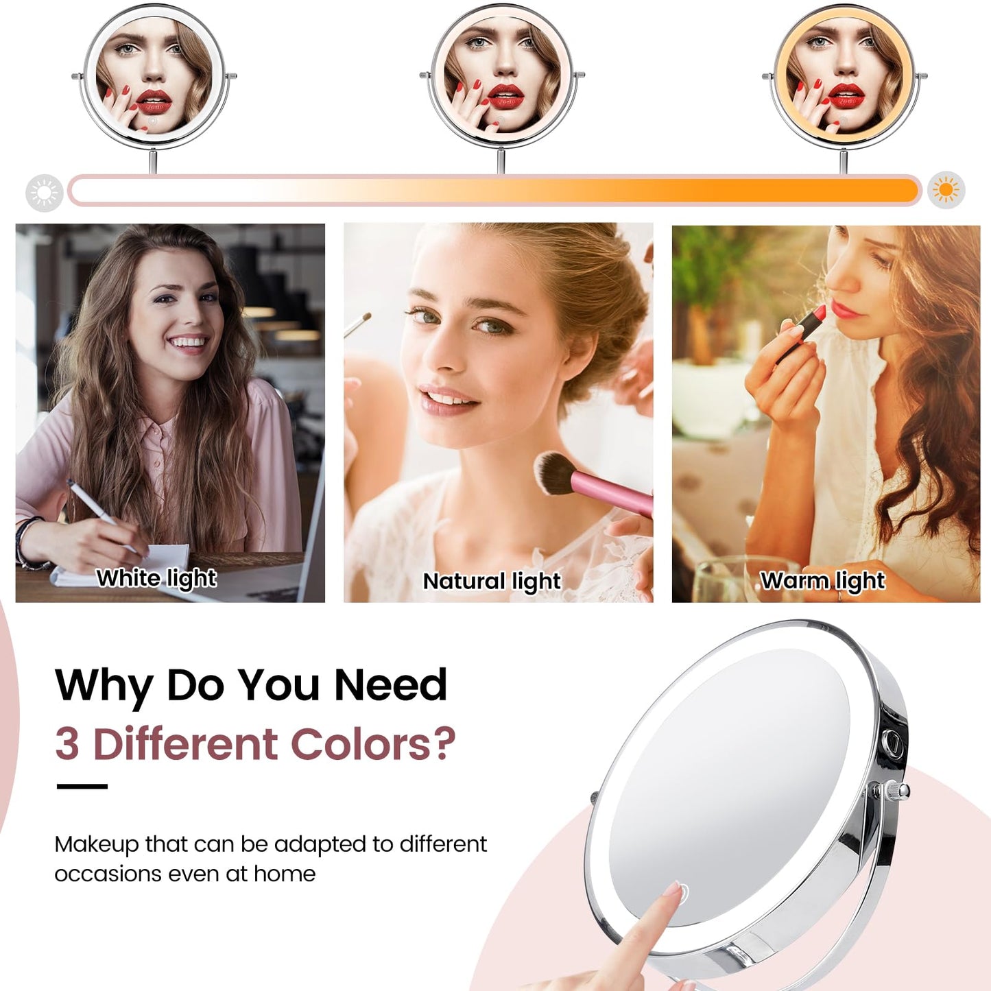 AumVum 8" Makeup Mirror with Lights, Vanity Mirror with 1X/10X Magnification, Touch Screen 3 Colors Dimmable 54 LED Lights Brightness Adjustable 360° Rotation for Tabletop