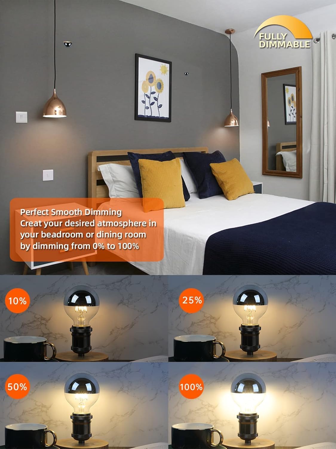 XININSUN Dimmable Half Chrome Light Bulb,6W (60W Eqv.), Anti Glare LED Light Bulbs,G25 Globe Light Bulbs,E26 G80 Silver Dipped Bulb for Bathroom, Vanity, Mirror,4000K Daylight,4Pcs