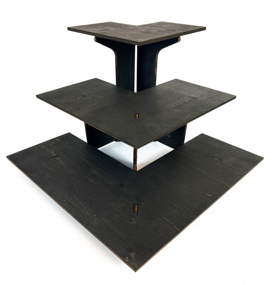 Torched 3-Tier Ebony Retail Table Display Corner Stand with Shelves for Products - Portable