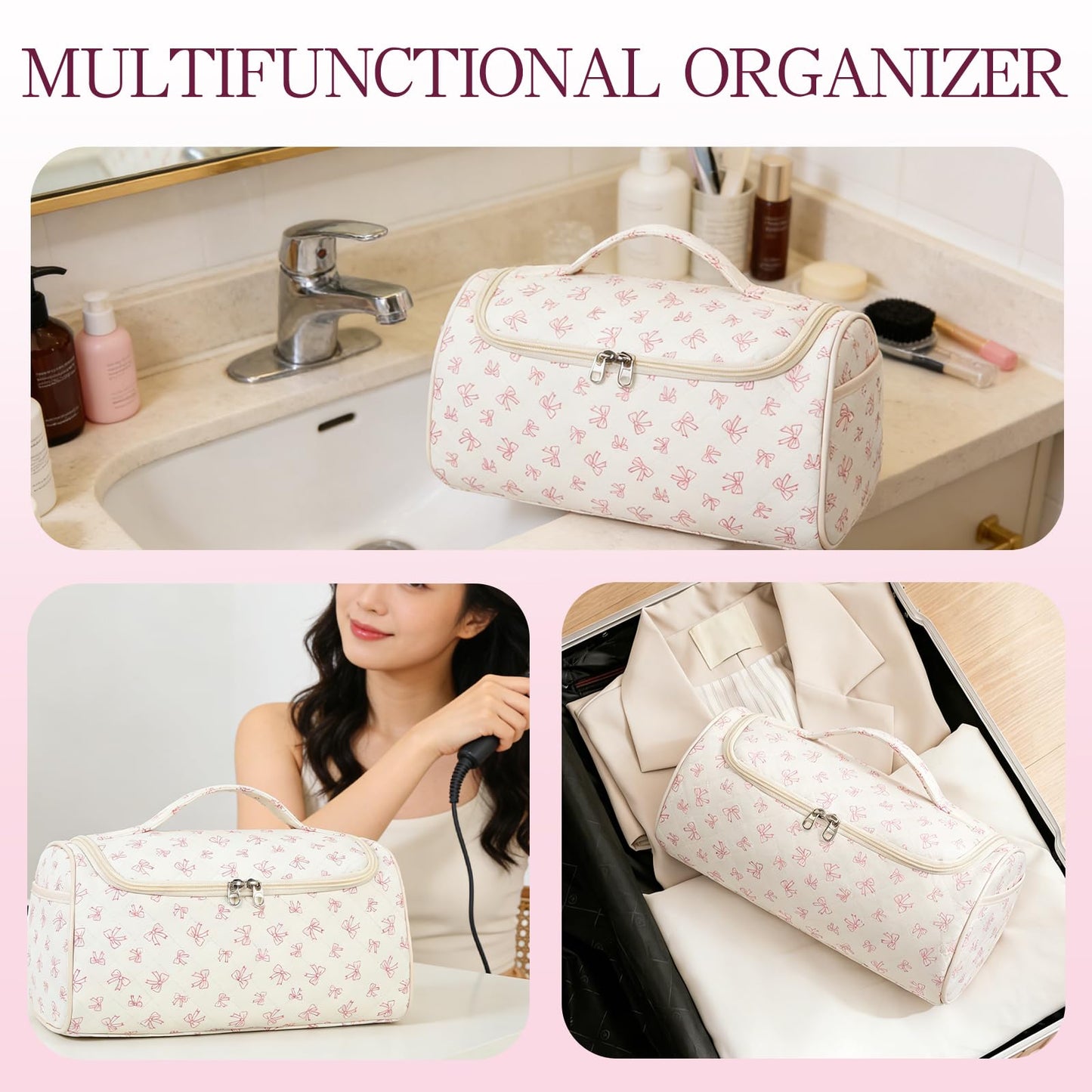 AMZMA Quilted Hair Tool Bag for Travel Storage, Large Organizer Case for Hair Dryer with Hanging Hook & Handle,Organizer with 4 Thickened Compartments, Lightweight