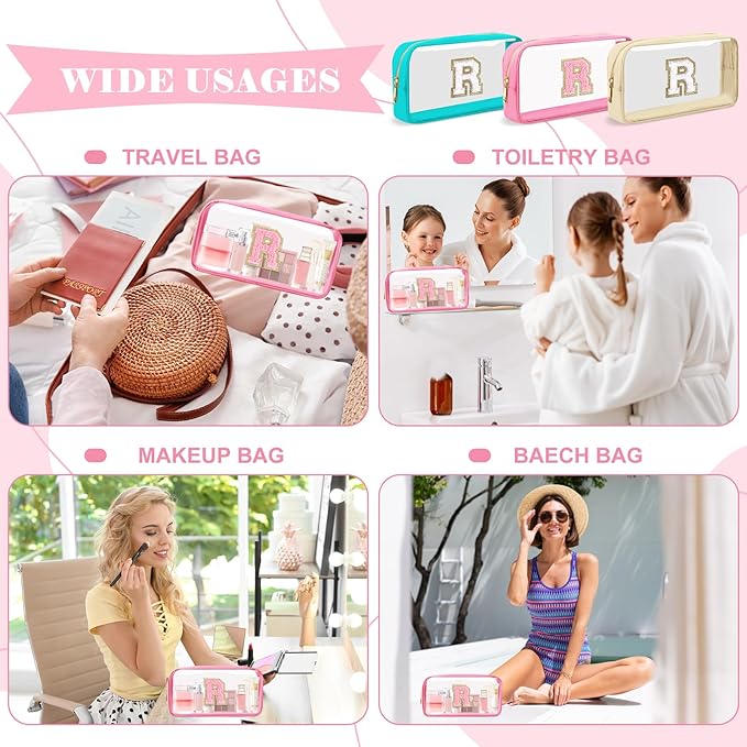 Personalized Initial Letter Clear Makeup Bag,Preppy Small Nylon&PVC Cosmetic Zipper Bag with Chenille Letter,Portable Beach Travel Skincare Toiletry Bag,Trendy Monogram Gift for Teen Girls Women,R