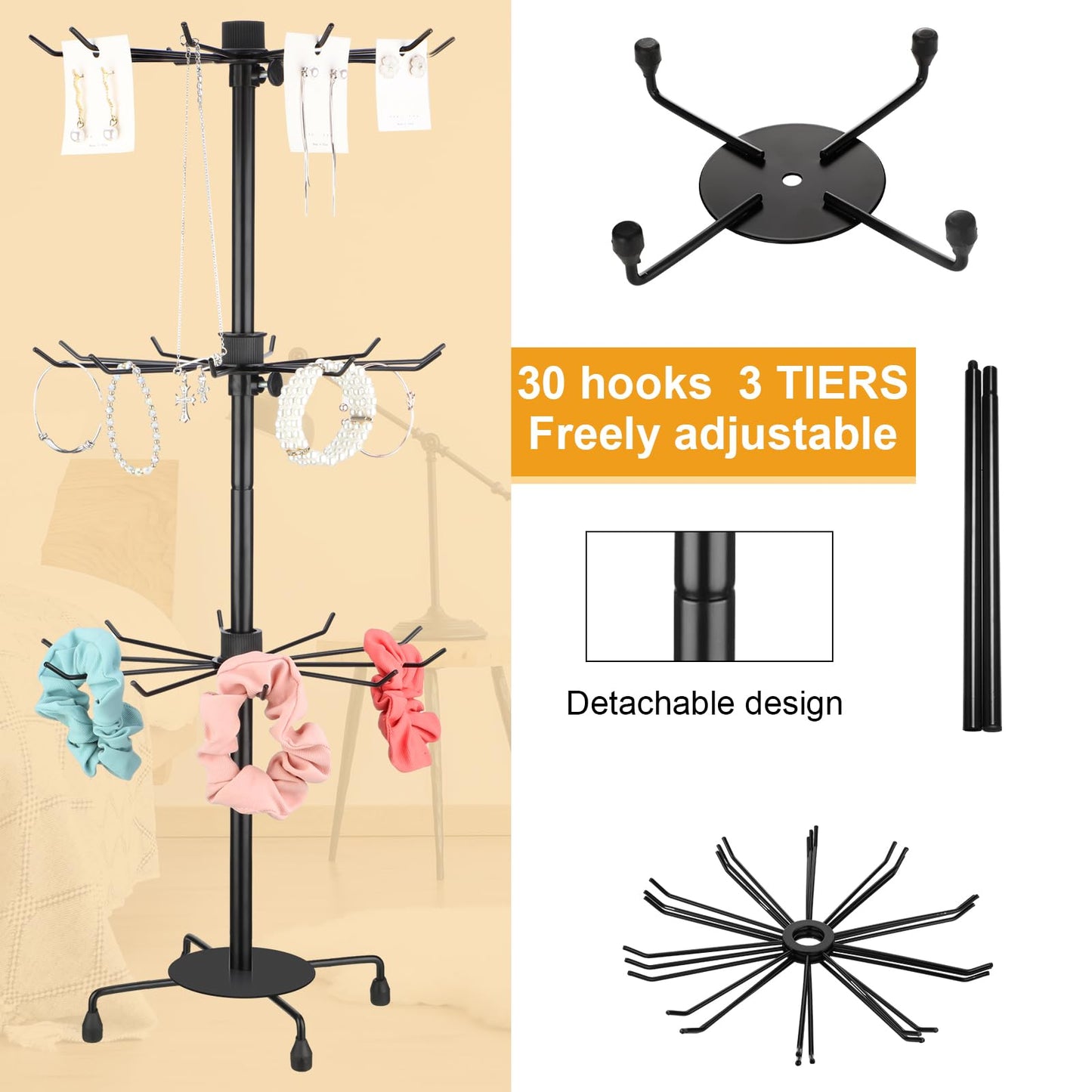 Yaocom 2 Pcs Spinning Jewelry Display Stand 3 Tier Rotating Keychain Earring Retail Rack Adjustable Fashion Counter Jewelry Tree Display Holder Organizer for Women Men (Black)