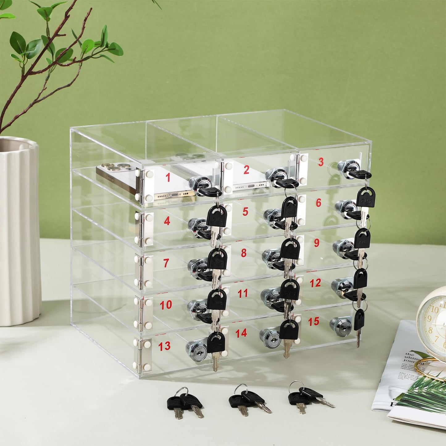 Layhit Clear 15 Slots Cell Phone Locker Box for Classroom Clear Acrylic Cell Phone Storage Cabinet Bin with Door Locks for Classroom School Students Office Factory Employees