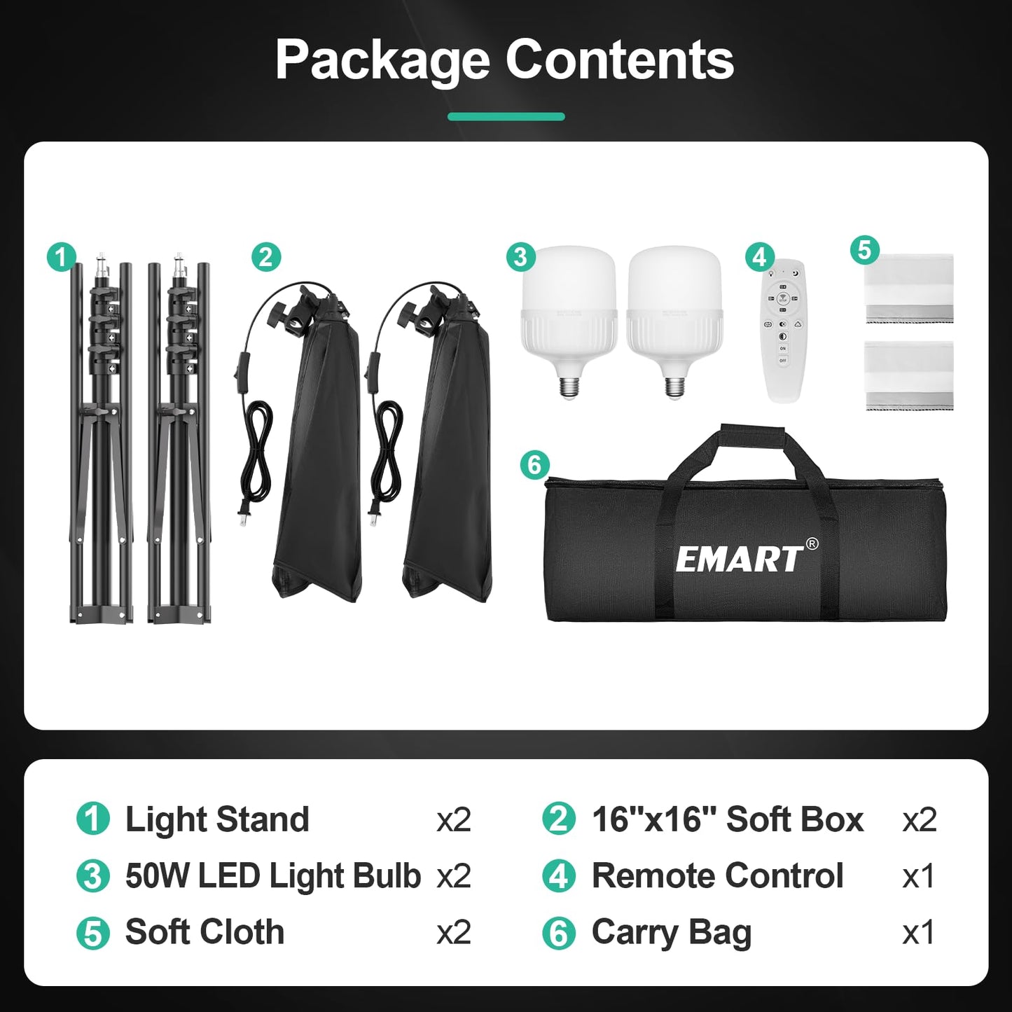 EMART Softbox Photography Lighting Kit, 16"x16" Pull Soft Box, 50W 3000K-6000K LED Bulb with Remote/APP Control, Professional Photoshoot Equipment for Studio Lights, Portrait, Video Recording(2 Pack)