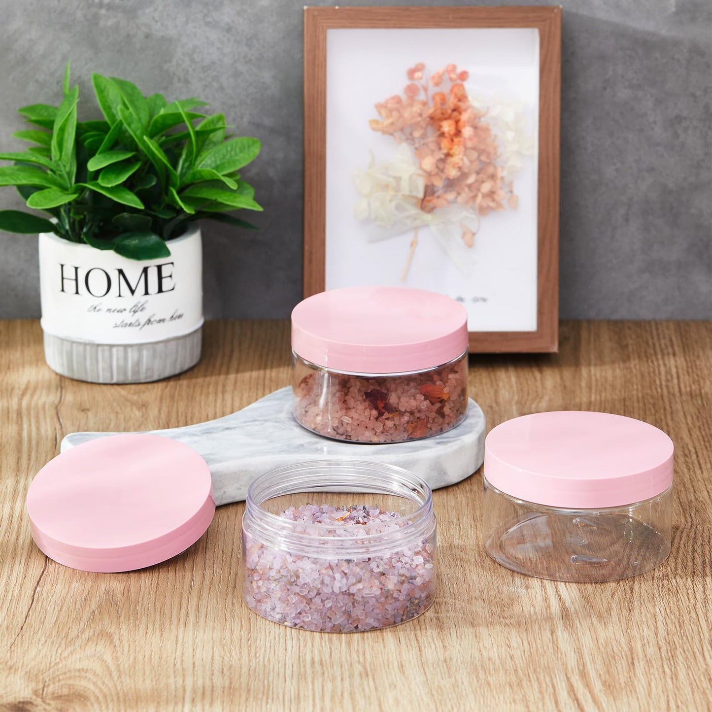 Dandat 24 Pcs 10 oz Plastic Jar Container with Pink Lid and Label Refillable Empty Round Clear PET Cosmetic Sample Slime Containers for Lotion, Cream, Ointments, Body Butter, Makeup, Travel Storage