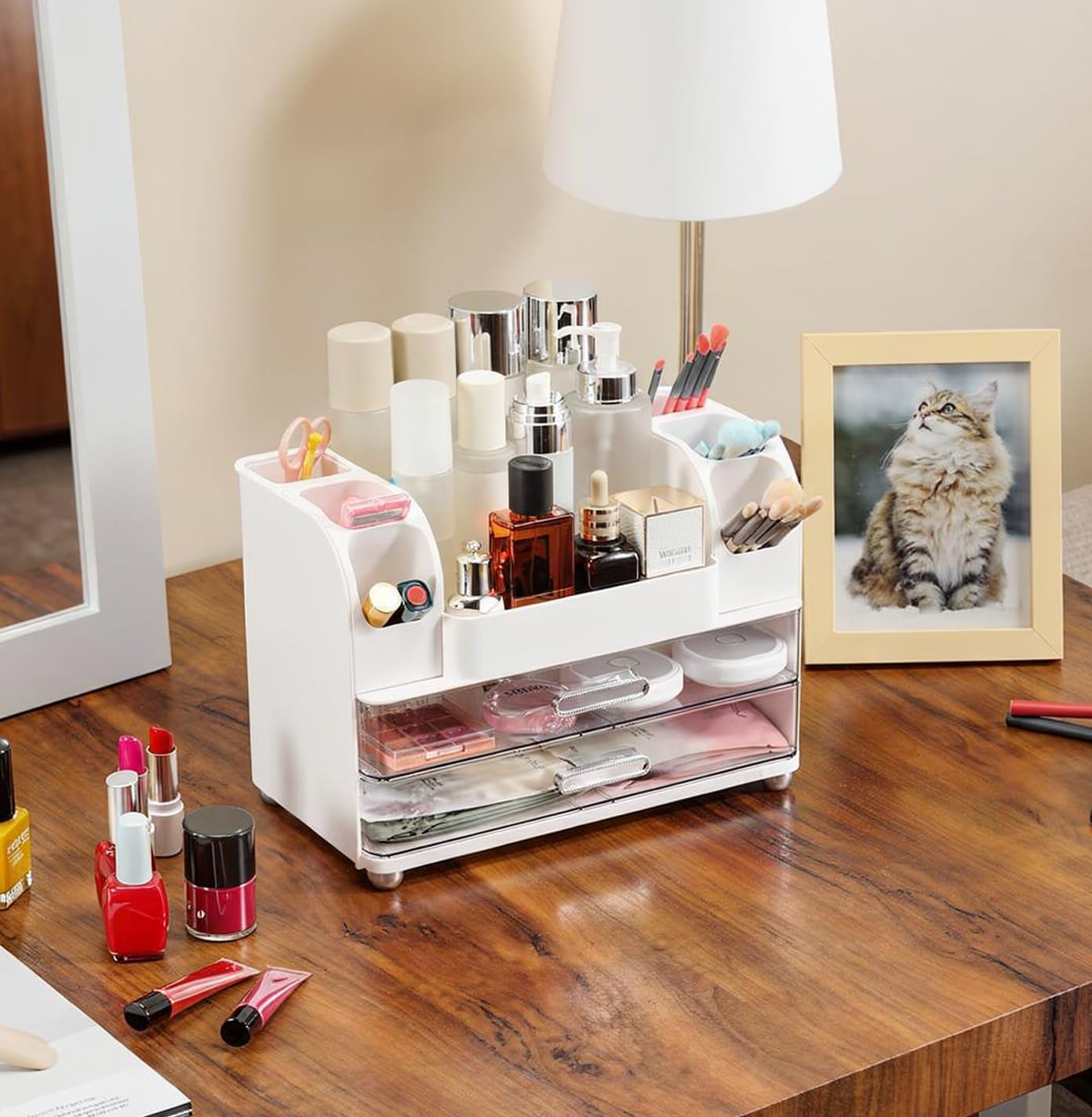 Dozesheep Large Makeup Organizer Countertop with Drawers, Make Up Organizer for Vanity, Makeup Storage Organizer Countertop Makeup Organizers for Skincare, White