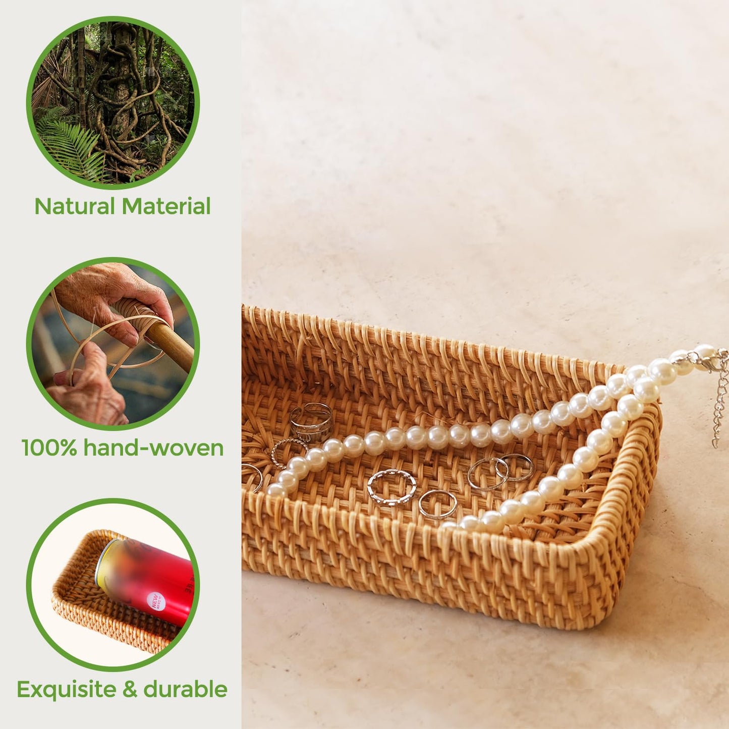 2 Pack Small Rattan Serving Tray, Natural Wicker Decorative Tray Handwoven for Keys Trinkets Rings Cosmetics, Decorative Jewelry Perfume Tray for Coffee Table Entryway Living Room(8.2" × 4.3")