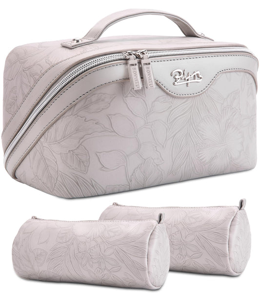 BOYATU Travel Makeup Bags Cosmetic Organizer Bag: 3-Set Large Capacity Make up Bag - PU Leather Toiletry Bags for Women - Wide Open Portable Pouch with Divider & Handle (15-Light Grey-2)