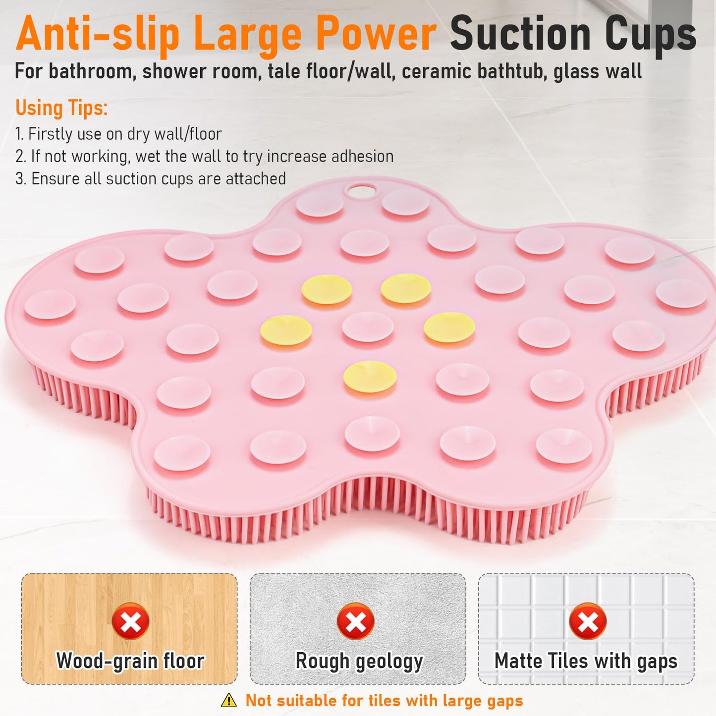 Mabnuby Shower Foot Scrubber in Shower, Silicone Back Exfoliating Cleaning Mat with Non-Slip Suction Cups Feet Cleaner Massaging Pad Without Bending Over Lather Well for Bath Wall Floor, Pink Flower