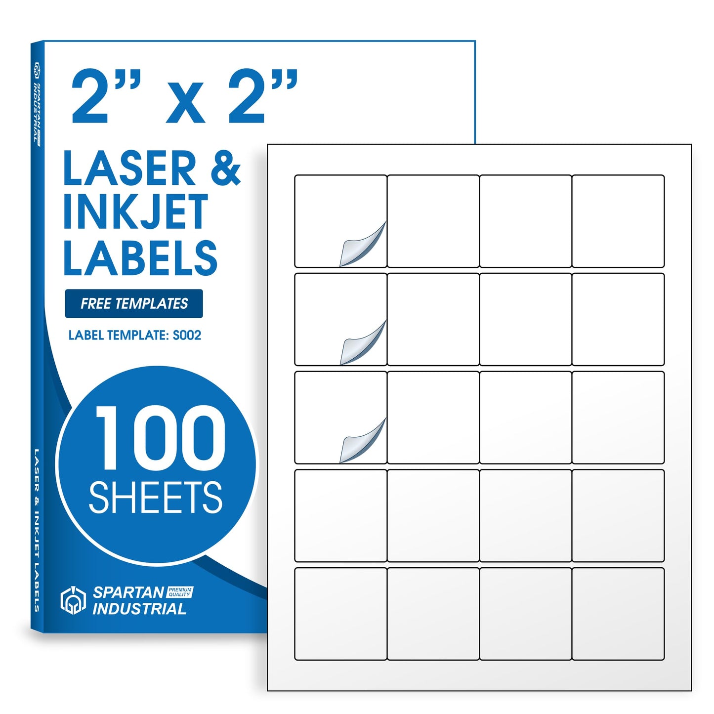 2" X 2" Matte White Printable Labels (100 Sheets, 2000 Stickers) Custom Labels, Logo Stickers, QR Codes for Laser & Inkjet Printers - Spartan Industrial Template S002