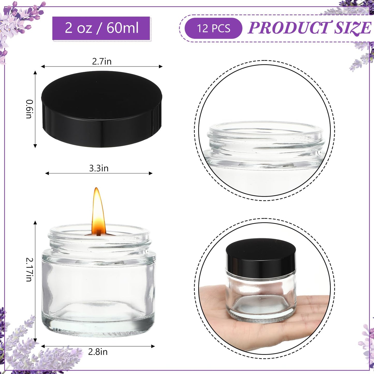 12 Pcs 2 oz Clear Glass Jars with Black Lids Leakproof Round Airtight Jars Empty Cosmetic Jars with Inner Liners Lid for Candle Making Storing Lotions Spice Powder Liquid Sample Makeup (Black,clear)