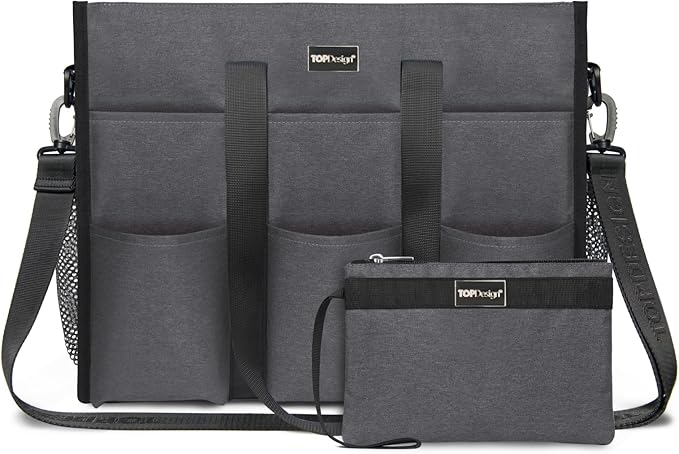 TOPDesign Utility Water Resistant Tote Bag with 22 Pockets, Top Zipper Closure & Thick Bottom Support, for Working Women
